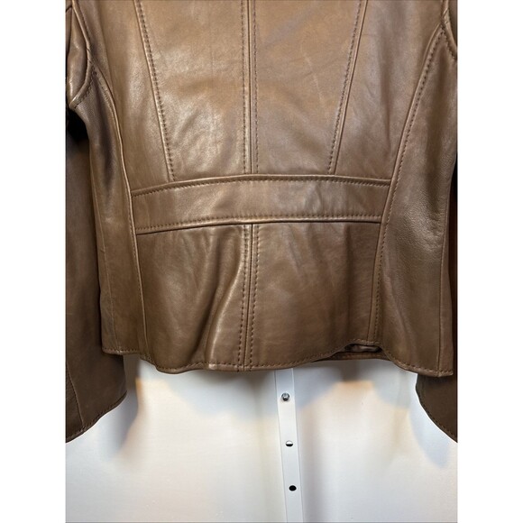 Michael Kors Brown Leather Jacket L Moto Biker Zip Faux Fur Collar Gold Accents - Picture 6 of 10